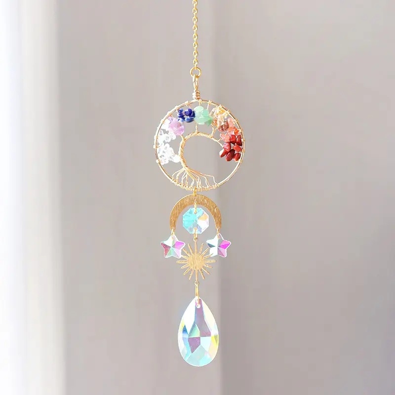 Arborele Vieții – carillon de cristal, decor pentru ferestre și pereți, prindător de soare, ornament de grădină, handmade, 39 cm, stil modern minimalist