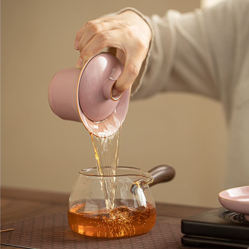 Ceșcuță Gongfu cu mâner din lemn, sticlă borosilicată, mâner lateral, pereți groși, rezistentă la temperaturi înalte, accesorii de ceai