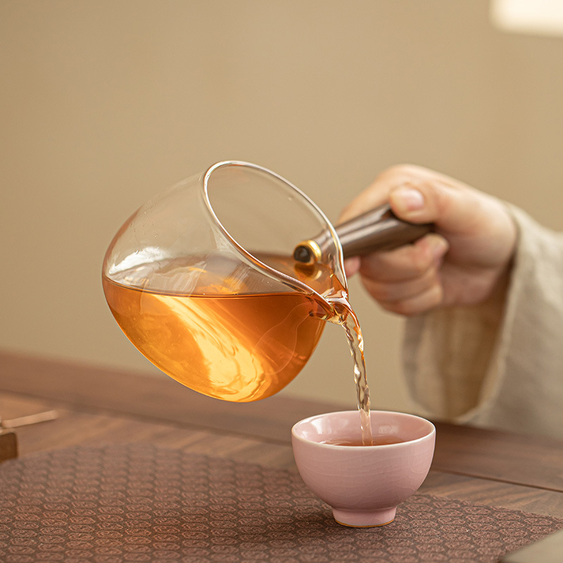 Ceșcuță Gongfu cu mâner din lemn, sticlă borosilicată, mâner lateral, pereți groși, rezistentă la temperaturi înalte, accesorii de ceai