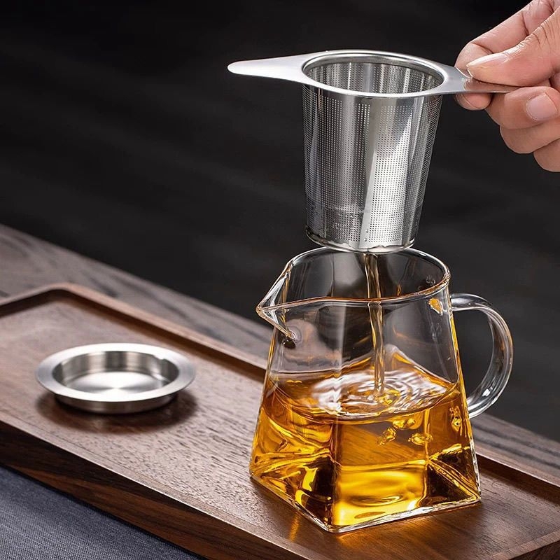 Filtru de ceai din oțel inoxidabil, infuzor cu mâner dublu, ușor de curățat, separator conic pentru frunze de ceai