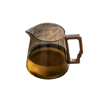 Set de ceai din sticlă borosilicat cu mâner din nuc — ceașcă de distribuție, ceainic și strecurător