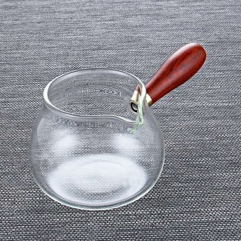 Cană de ceai din sticlă borosilikat transparentă, cu mâner din lemn, pentru servire acasă, cu gură ascuțită