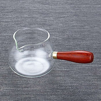 Cană de ceai din sticlă borosilikat transparentă, cu mâner din lemn, pentru servire acasă, cu gură ascuțită