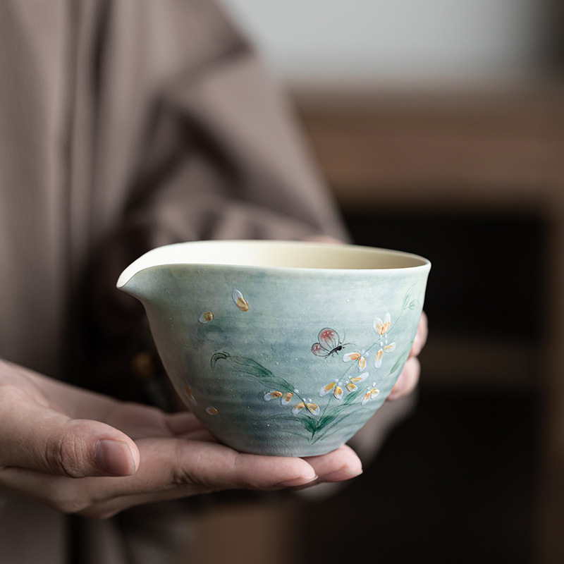 Ceașcă ceramică pentru turnare uniformă, cu design pictat manual de orhidee, filtru de ceai, set de ceai în stil pastoral chinezesc