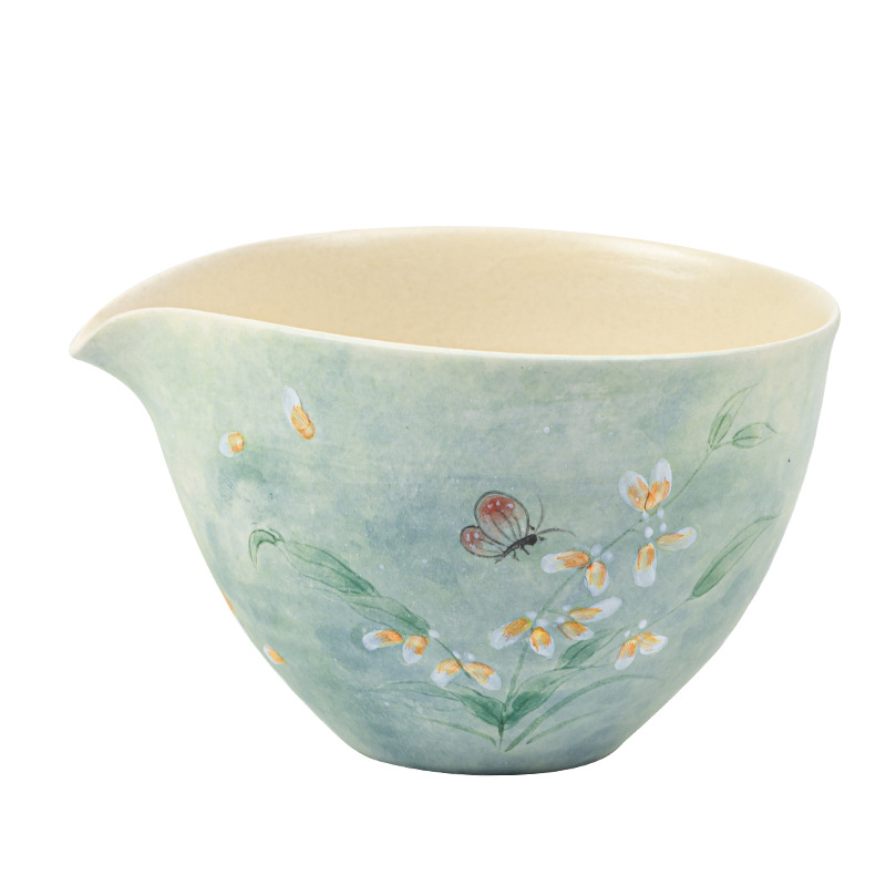 Ceașcă ceramică pentru turnare uniformă, cu design pictat manual de orhidee, filtru de ceai, set de ceai în stil pastoral chinezesc