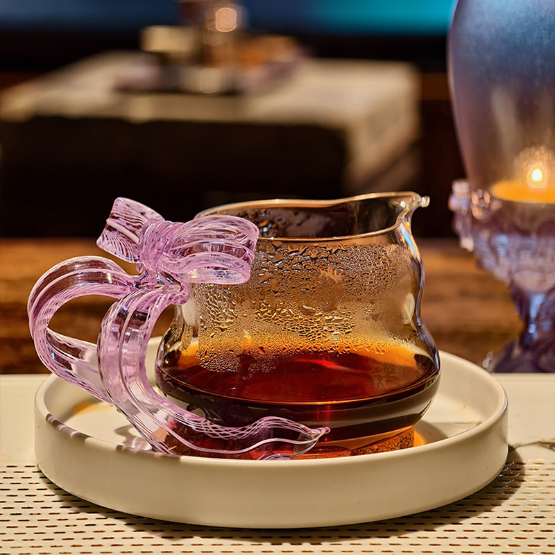 Jingshitang set de ceai din sticlă borosilicat cu design nod de satin rece, ceașcă de ceai premium și tavă de servire a ceaiului
