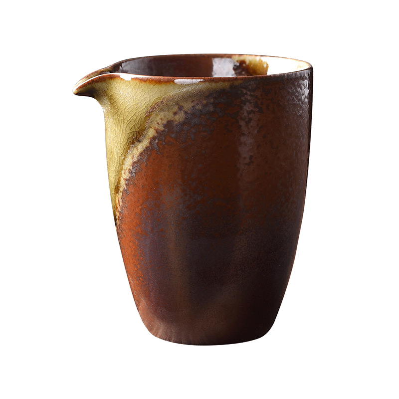Set ceramic pentru ceai, ars într-un cuptor cu lemne, cu ceașcă de distribuție a ceaiului, distribuitor de ceai și tavă de servire