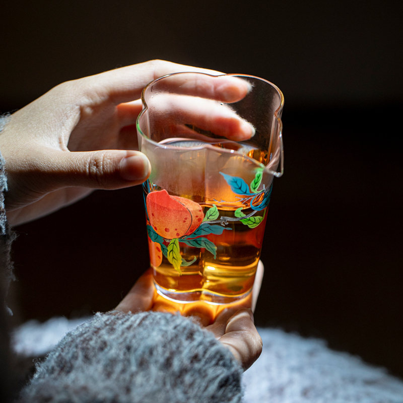 Cană de ceai din sticlă borosilicată rezistentă la căldură, cu motive piersică și begonie, accesorii pentru ceremonia ceaiului în casă