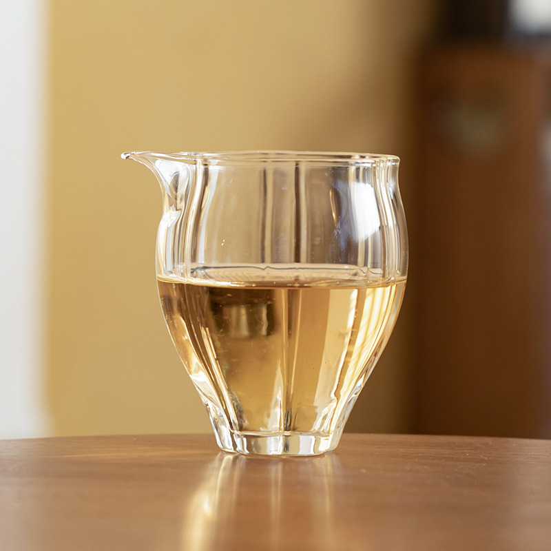 Set Gongfu de ceai din sticlă borosilicat, realizat manual, cu design cu dungi în stil bud, ceșcuță pentru distribuția uniformă a ceaiului și ceainic de servire