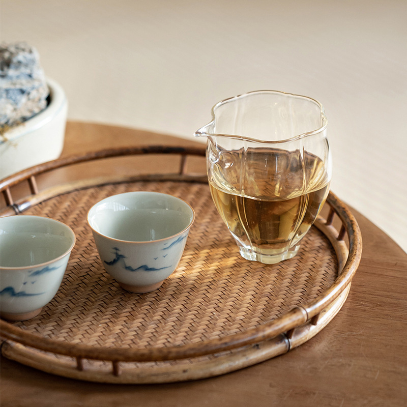 Set Gongfu de ceai din sticlă borosilicat, realizat manual, cu design cu dungi în stil bud, ceșcuță pentru distribuția uniformă a ceaiului și ceainic de servire