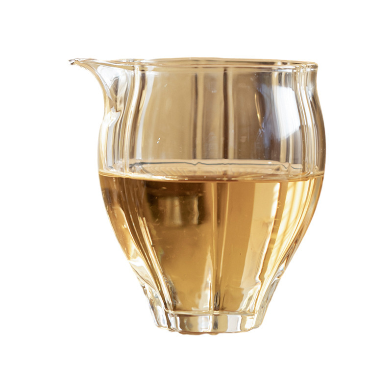 Set Gongfu de ceai din sticlă borosilicat, realizat manual, cu design cu dungi în stil bud, ceșcuță pentru distribuția uniformă a ceaiului și ceainic de servire
