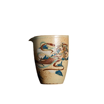 Set ceramic Gongfu pentru ceai cu ceșcuță de distribuție a ceaiului și dozator, Tea Sea, motiv din peșterile Mogao – Apsaras zburătoare