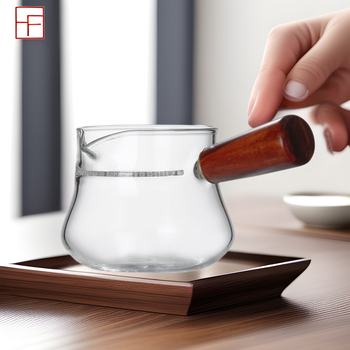 Set Gongfu ceai rezistent la căldură, ceașcă din sticlă cu mâner lateral și mâner din lemn, tavă de ceai cu filtru, pentru uz casnic