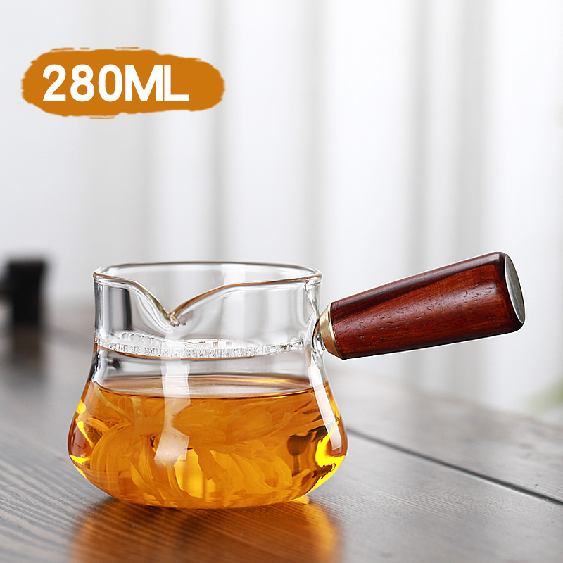 Set Gongfu ceai rezistent la căldură, ceașcă din sticlă cu mâner lateral și mâner din lemn, tavă de ceai cu filtru, pentru uz casnic