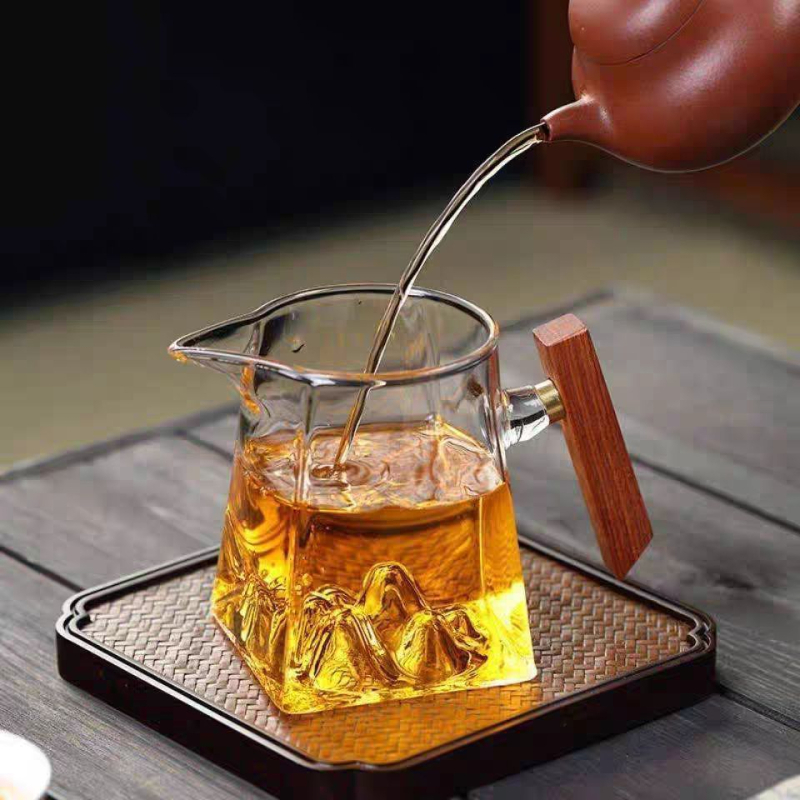 Set de ceai din sticlă borosilicată, cu mâner din lemn, design minimalist, capacitate mare, infuzor pentru ceai