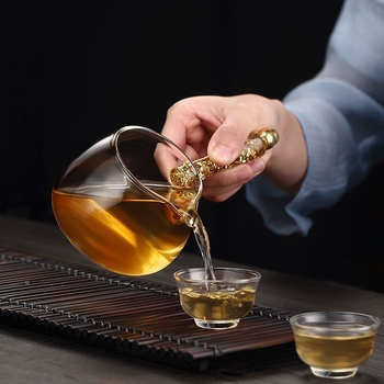 Set Gongfu de ceai din sticlă, mâner lateral auriu, distribuționer de ceai, sticlă borosilikat, pentru uz casnic