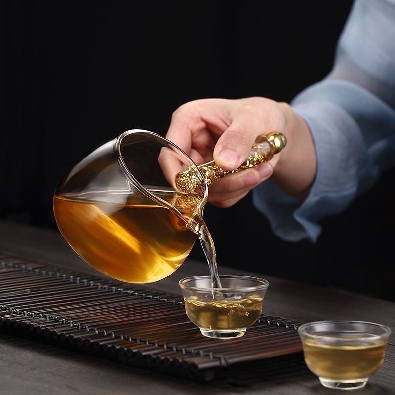 Set Gongfu de ceai din sticlă, mâner lateral auriu, distribuționer de ceai, sticlă borosilikat, pentru uz casnic