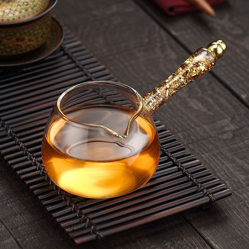 Set Gongfu de ceai din sticlă, mâner lateral auriu, distribuționer de ceai, sticlă borosilikat, pentru uz casnic