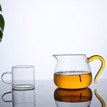 Set ceai Kung Fu din sticlă borosilicat transparentă, rezistentă la temperaturi înalte, cu ceainic și cești cu mânere colorate