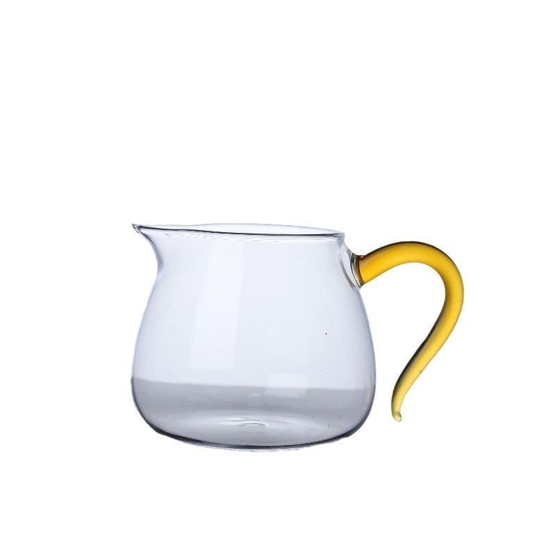 Set ceai Kung Fu din sticlă borosilicat transparentă, rezistentă la temperaturi înalte, cu ceainic și cești cu mânere colorate