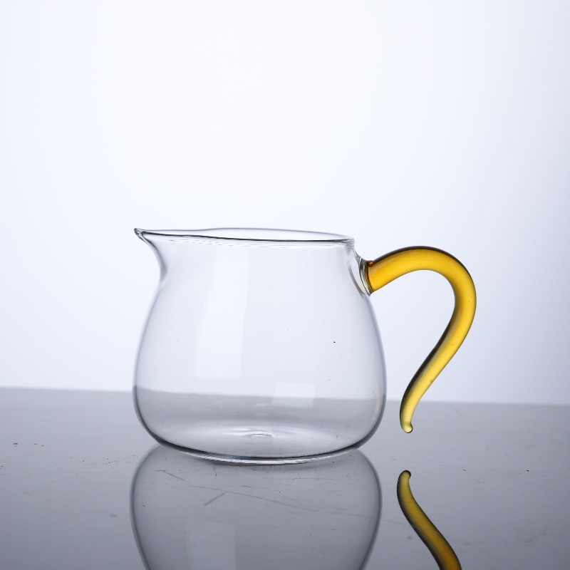 Set ceai Kung Fu din sticlă borosilicat transparentă, rezistentă la temperaturi înalte, cu ceainic și cești cu mânere colorate
