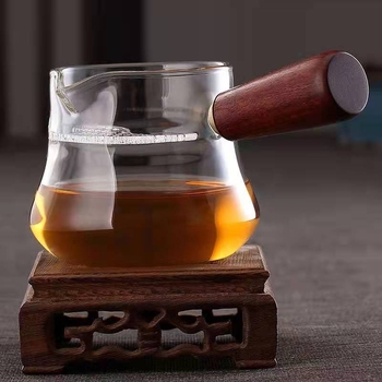 Ceașcă de ceai din borosilicat cu mâner din lemn, cupă în formă de semilună, set de servire ceai pentru uz casnic, rezistentă la temperaturi înalte