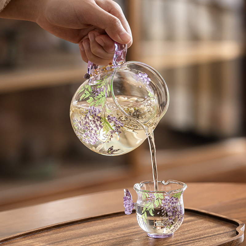 Cană Gongfu din sticlă pentru ceai cu filtru și gură de turnare, borosilicat rezistent la căldură, accesoriu pentru ceai cu design floral