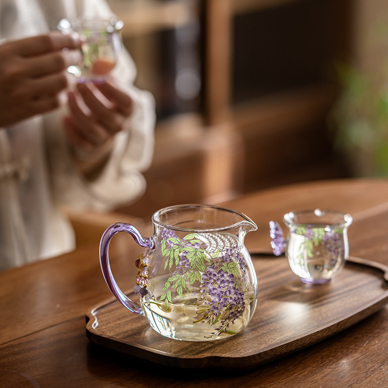 Cană Gongfu din sticlă pentru ceai cu filtru și gură de turnare, borosilicat rezistent la căldură, accesoriu pentru ceai cu design floral