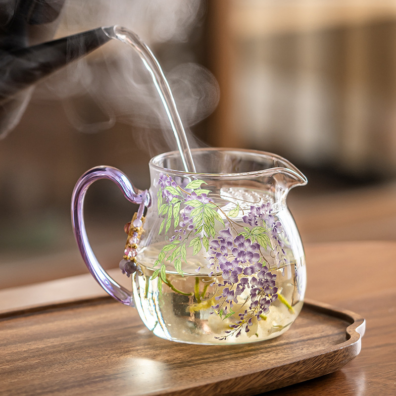 Cană Gongfu din sticlă pentru ceai cu filtru și gură de turnare, borosilicat rezistent la căldură, accesoriu pentru ceai cu design floral
