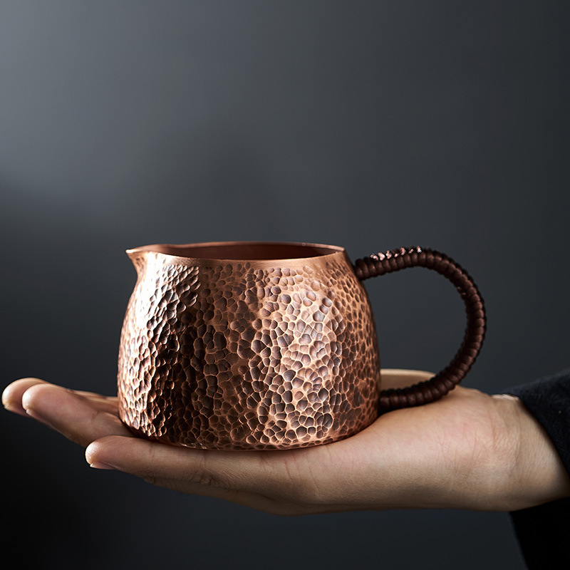 Set de ceai din cupru pur cu suprafață ciocănită mov, filtru de ceai din cupru, ceainic de servire, strecurător de ceai și tavă de ceai – accesorii ceremonie ceai stil chinezesc