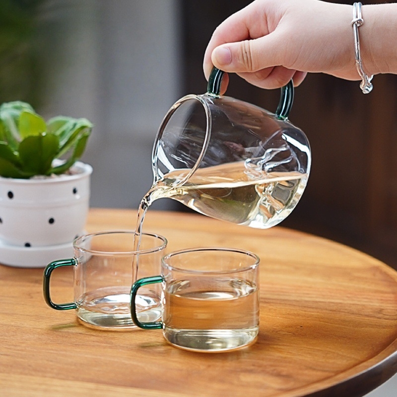 Ceasca de ceai din sticlă borosilicat cu mâner colorat — set simplu de ceai pentru uz casnic, rezistent la căldură