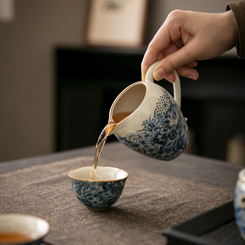 Ceașcă ceramică albastru-alb, distribuție ceai retro elegant, mică dimensiune, set Kung Fu ceai, Zen japonez, ceramică Ru