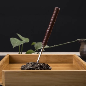 Cuțit de ceai Pu'er din lemn, con de ceai lucrat manual și ac de ceai, lemn solid de culoare ebony cu segmente de bambus, accesorii pentru ceremonia ceaiului, calitate oțel inoxidabil