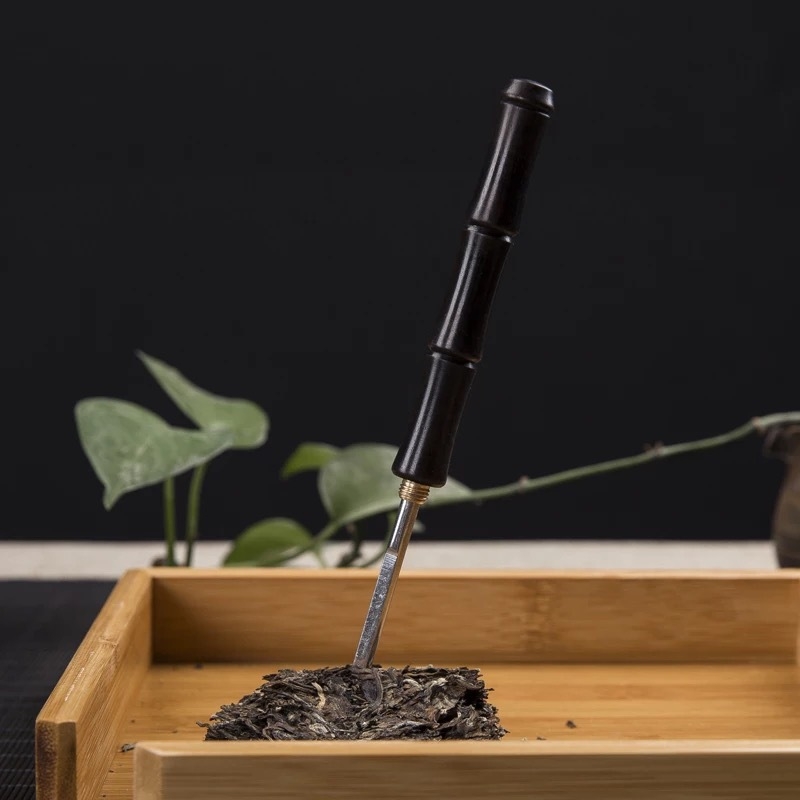 Cuțit de ceai Pu'er din lemn, con de ceai lucrat manual și ac de ceai, lemn solid de culoare ebony cu segmente de bambus, accesorii pentru ceremonia ceaiului, calitate oțel inoxidabil