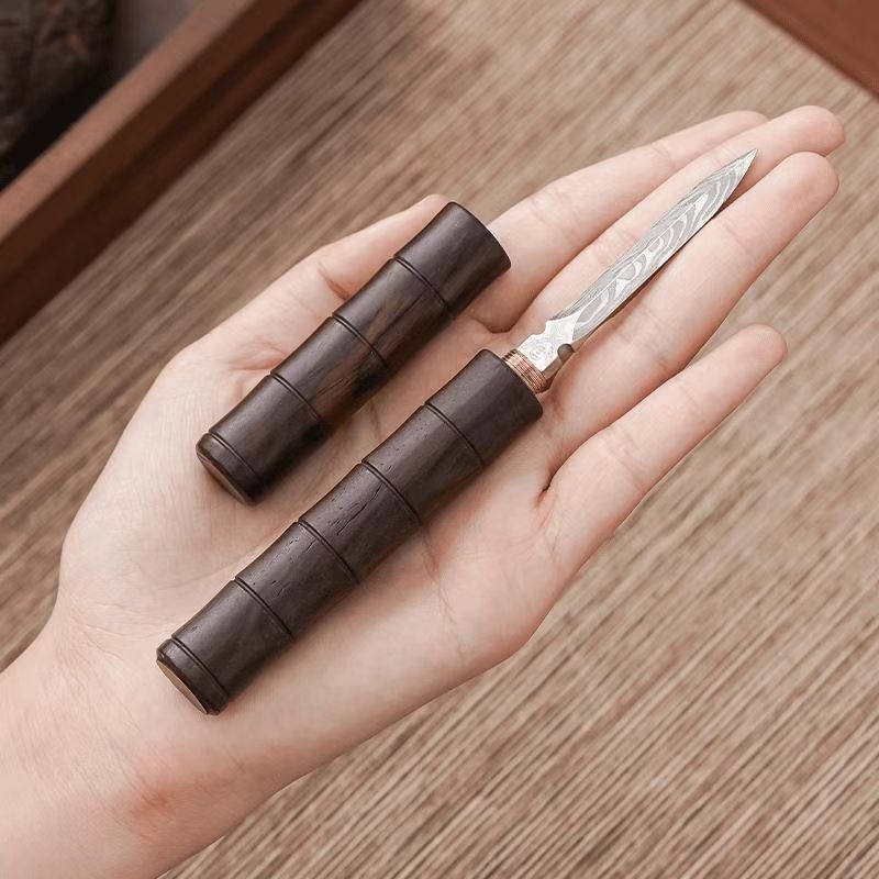 Cuțit de ceai din abanos cu lamă damas, accesoriu din lemn de înaltă calitate pentru setul Gong Fu, instrument de deschidere a ceaiului, cuțit Pu-erh