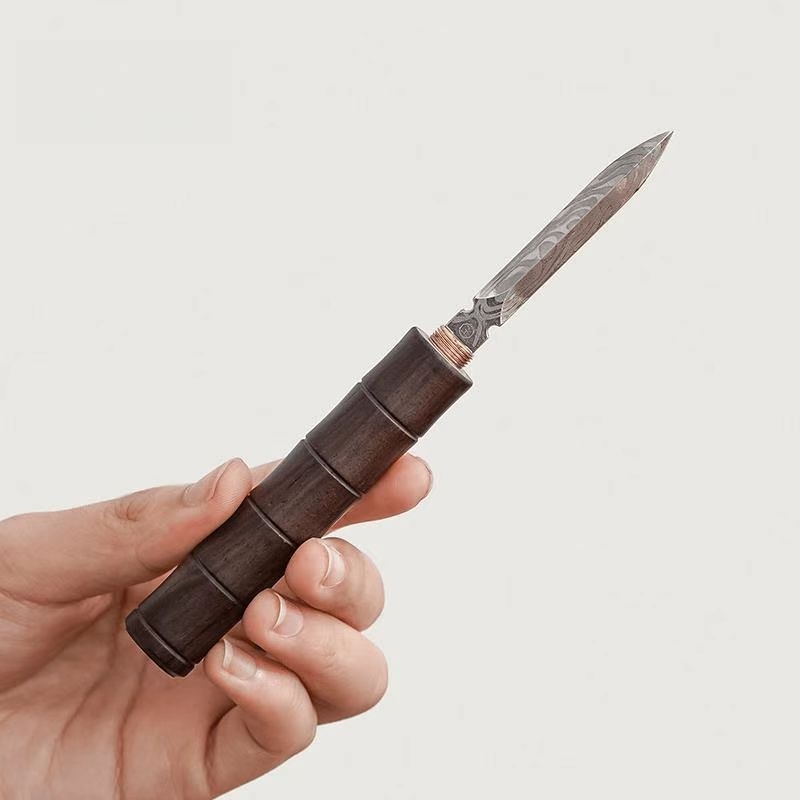Cuțit de ceai din abanos cu lamă damas, accesoriu din lemn de înaltă calitate pentru setul Gong Fu, instrument de deschidere a ceaiului, cuțit Pu-erh