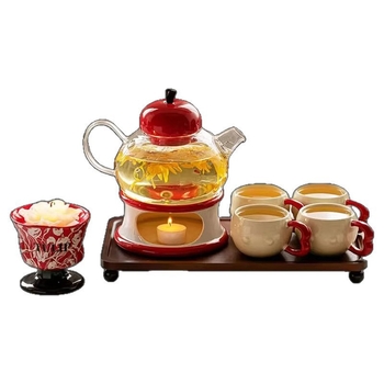 Set ceai cu ceainic floral și bază de încălzire cu lumânare, ceainic de sticlă și cești pentru ceai de după-amiază