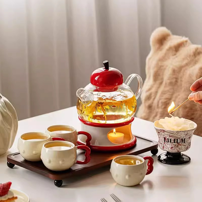 Set ceai cu ceainic floral și bază de încălzire cu lumânare, ceainic de sticlă și cești pentru ceai de după-amiază