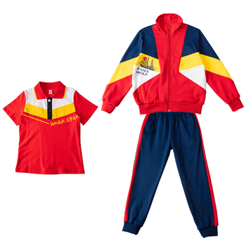 Ružičasti šivan set školskih uniformi za osnovnu i srednju školu i vrtić, sportski komplet s otiskom u blok bojama, roditeljsko-djeco odjeća