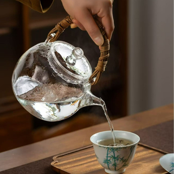 Ceainic din sticlă Gongfu pentru ceai, rezistent la căldură, stil japonez, mâner din răchită