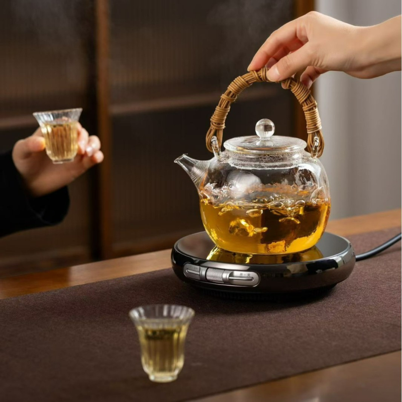 Ceainic din sticlă Gongfu pentru ceai, rezistent la căldură, stil japonez, mâner din răchită