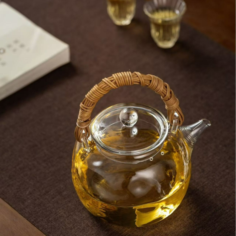 Ceainic din sticlă Gongfu pentru ceai, rezistent la căldură, stil japonez, mâner din răchită