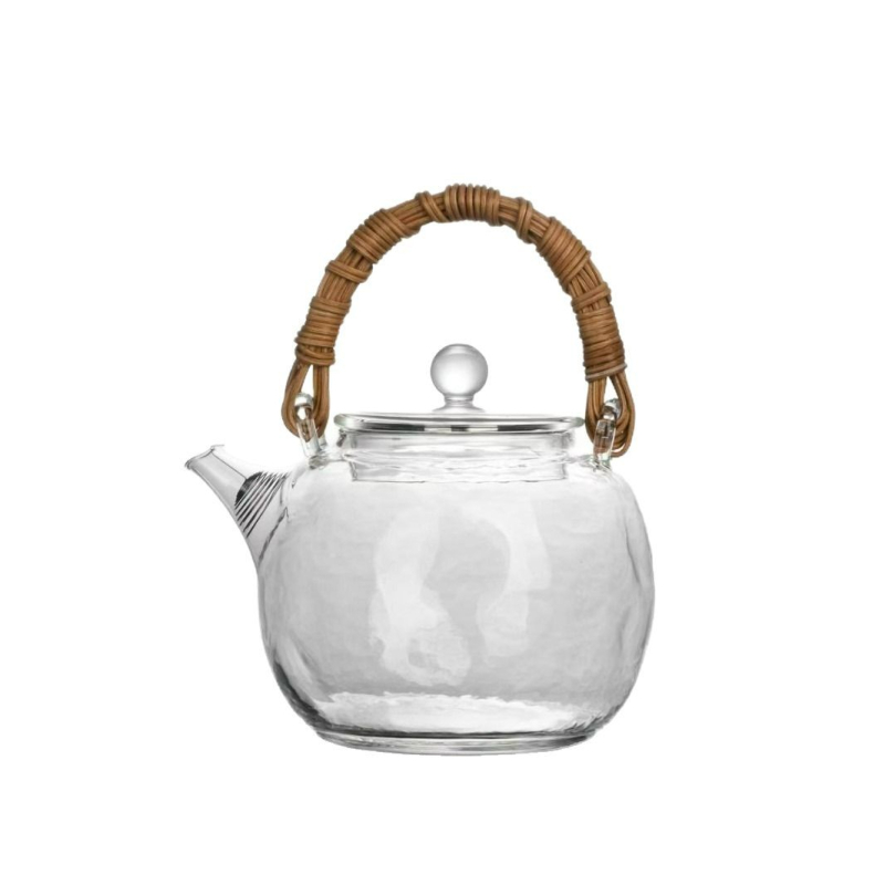 Ceainic din sticlă Gongfu pentru ceai, rezistent la căldură, stil japonez, mâner din răchită