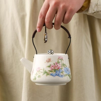 Set de ceai Kung Fu din porțelan, ceainic și cești, stil chinezesc, design floral, mâner cu protecție împotriva arsurilor, pentru uz casnic