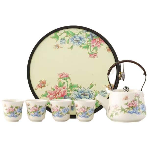 Set de ceai Kung Fu din porțelan, ceainic și cești, stil chinezesc, design floral, mâner cu protecție împotriva arsurilor, pentru uz casnic