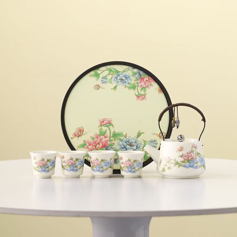 Set de ceai Kung Fu din porțelan, ceainic și cești, stil chinezesc, design floral, mâner cu protecție împotriva arsurilor, pentru uz casnic