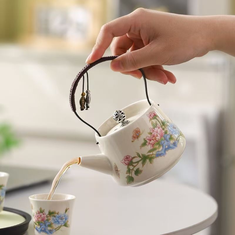Set de ceai Kung Fu din porțelan, ceainic și cești, stil chinezesc, design floral, mâner cu protecție împotriva arsurilor, pentru uz casnic
