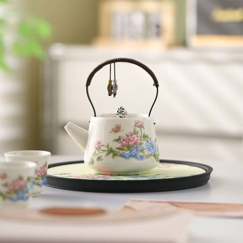 Set de ceai Kung Fu din porțelan, ceainic și cești, stil chinezesc, design floral, mâner cu protecție împotriva arsurilor, pentru uz casnic