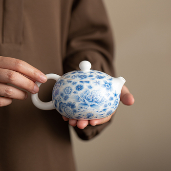 Ceainic Xishi albastru-alb cu ceașcă, set Kung Fu din ceramică