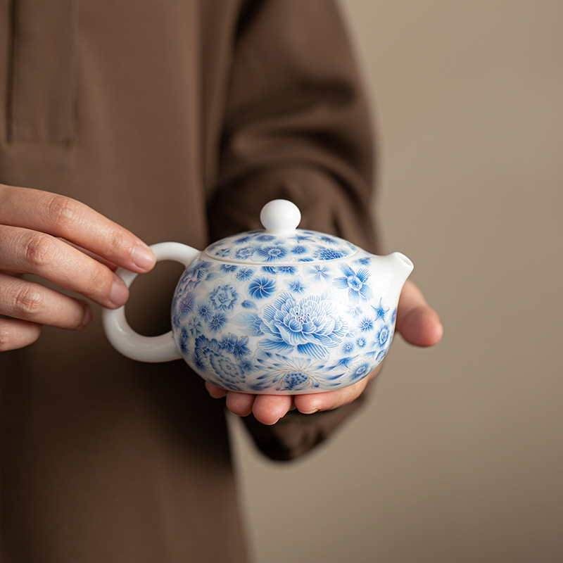Ceainic Xishi albastru-alb cu ceașcă, set Kung Fu din ceramică
